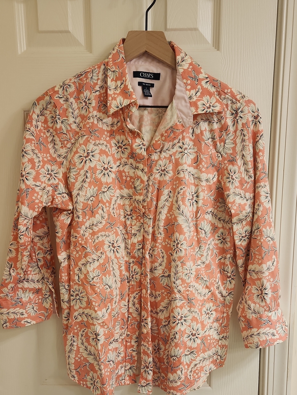 Chaps Peach Floral Long-Sleeve Button-Down Shirt No Iron
